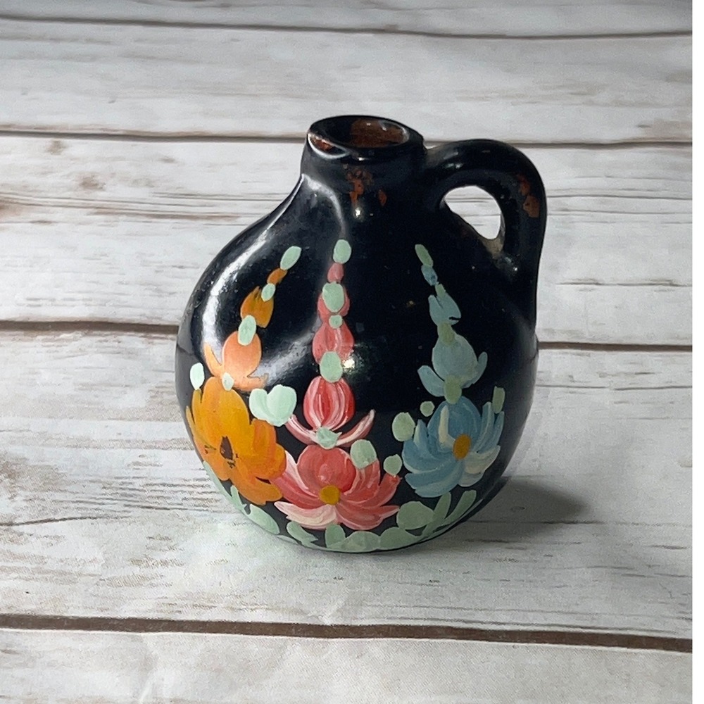Vintage Miniature Pottery Jug Black Hand Painted Floral Folk Art Small Vase